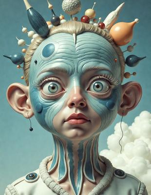 The primary subject of the image is a woman with blue and white skin, who appears to be a character from a comic book. She has a blue and white face, and her eyes are wide open. The setting is a cloudy sky, which serves as the backdrop for the woman. The visual style is a digital art or illustration, as the woman is depicted with a detailed and intricate design. The colors and mood of the image are predominantly blue and white, giving it a cool and somewhat eerie atmosphere.